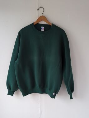 Vintage Russell Athletic Men's Blank Dark Green Crewneck Sweatshirt Size Large